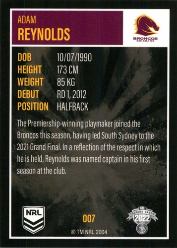 2022 BRISBANE BRONCOS NRL Card ADAM REYNOLDS Elite - Bild 2 von 3