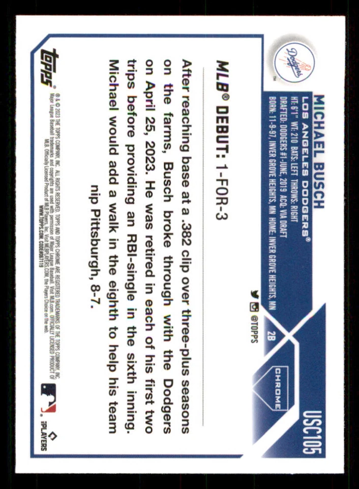 2023 Topps Chrome Update #USC105 Michael Busch RC - Image 2 of 2