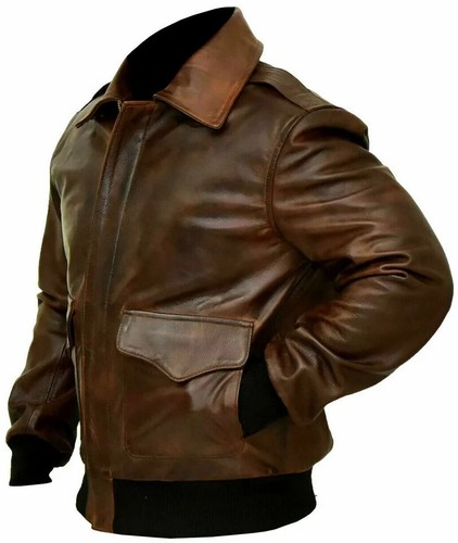 A-2 Aviator G-1 Bomber Flight Distressed Brown Men's Navy Lamb Leather Jacket - Picture 3 of 5