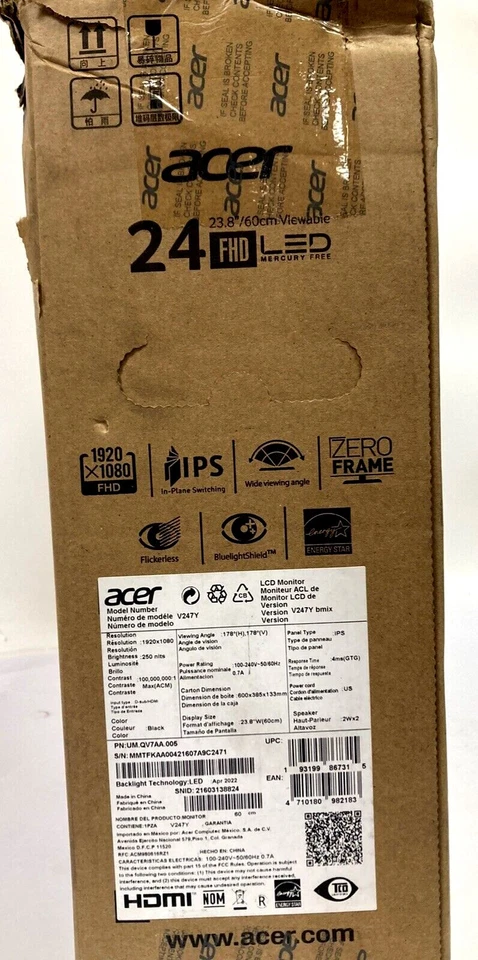 Acer V247Y Bmix 24 inch 1920X1080 IPS Anti Glare LED LCD Monitor New in Box - Image 2 of 3