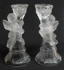 Vtg Set 2 Christmas Glass Cherub Angel Candlestick Candle Holders Frosted Clear