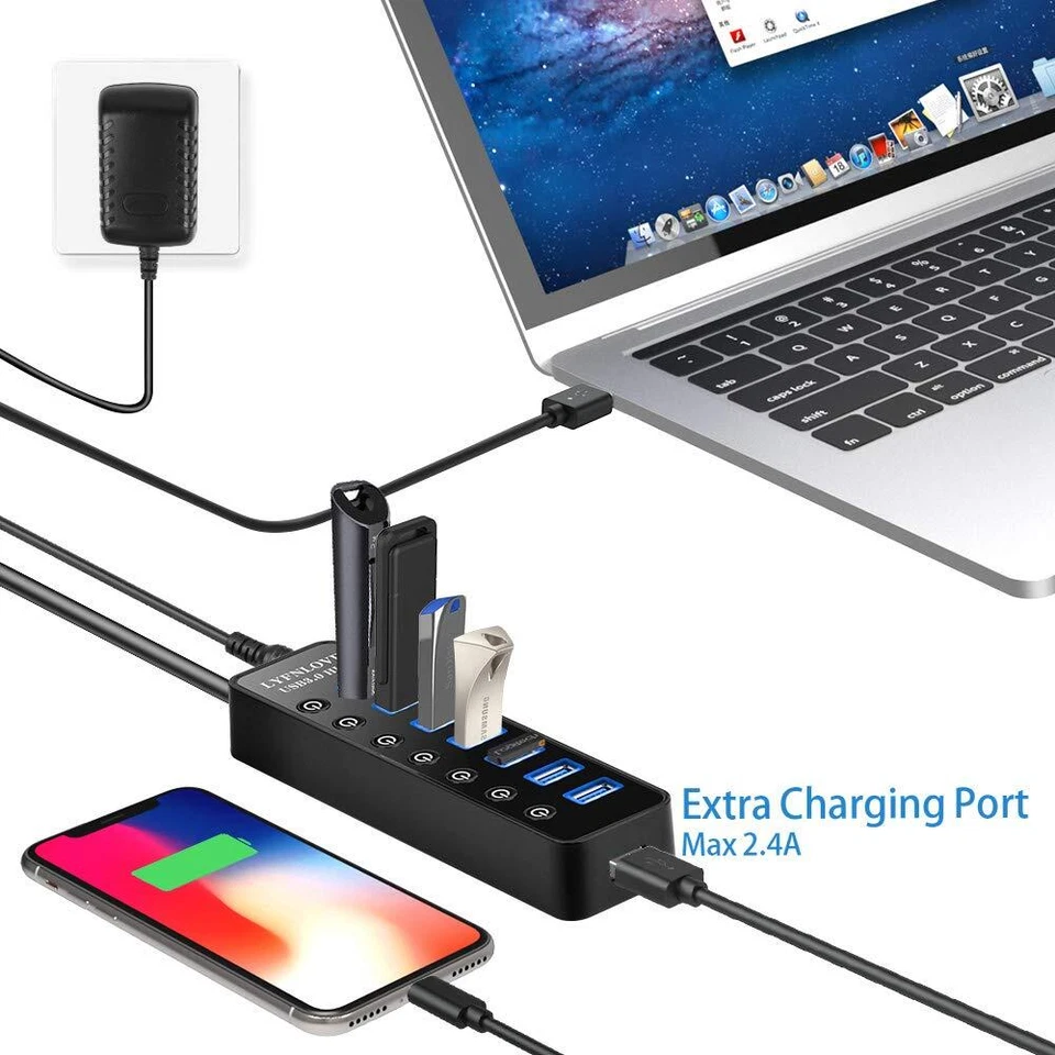 USB Hub 3.0 Powered USB Extender Multiple USB Port USB Hub Splitter for Lapto... - Image 3 of 4