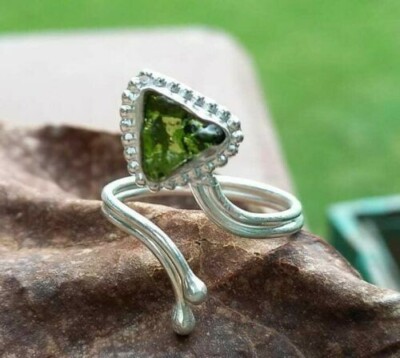 Genuine Raw Moldavite Gemstone Adjustable Ring Solid 925 Silver Motivation  Ring