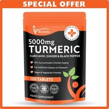 TURMERIC 5000mg 95% Curcumin + Ginger + Black Pepper 120 Tablets - UK Supplement