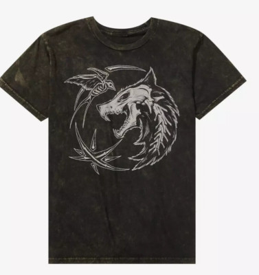 The Witcher Mens Mineral Wash Witcher Wolf & Bird Skeleton Logo Shirt New S-2XL