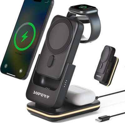 SUPERV 4 in 1 Wireless Charging Station: 5000mAh Removable Power Bank Foldable C