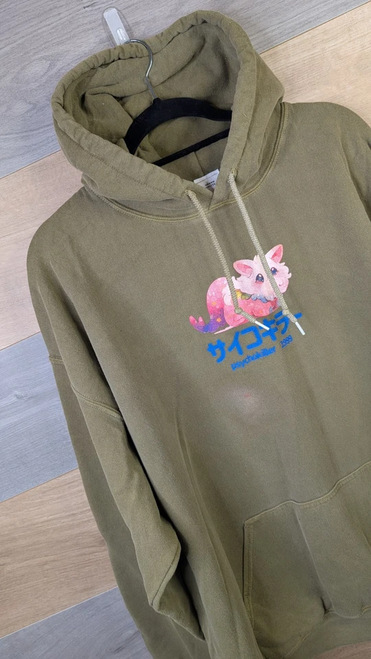 Urban Outfitters Graphic Hoodie Mens Size Medium Khaki Pullover Kawaii Cat Print - Image 3 of 4