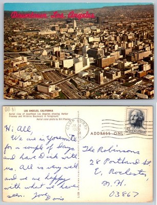 Downtown Los Angeles CA Aerial View Postcard 1960s Harbor Freeway Chrome