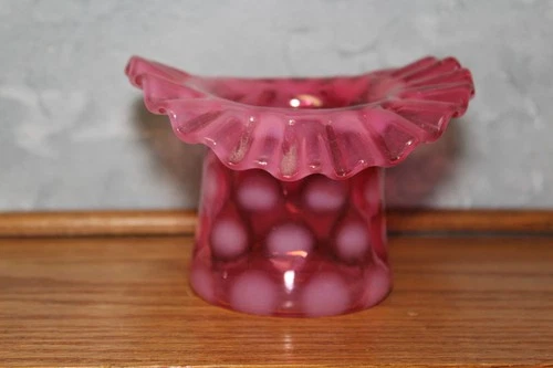 VTG Fenton Cranberry Pink Opalescent Coin Dot Art Glass Ruffle Top Hat Vase