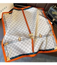 100% Silk Scarf Women Vintage Small Bandana Orange Check Kerchief Turban 53*53cm