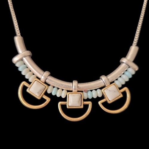 Stella & Dot WANDERER Necklace Brushed Silver Plate Marbled Stone Mixed Metals