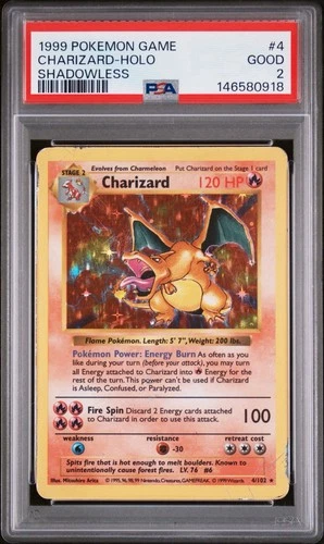 1999 POKEMON BASE SET SHADOWLESS #4 CHARIZARD-HOLO PSA 2
