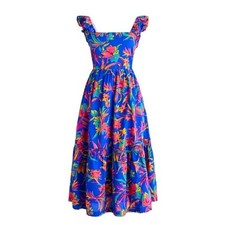 J.CREW Floral Print Square Neck Tiered Midi Dress Sz 10 Ruffle Strap Blue Resort