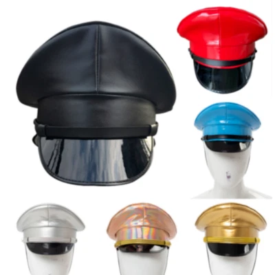 PU Leather Military Hat Performance Stage Show Night Bar Cap Captain Cap 6Colors - Image 1 of 4