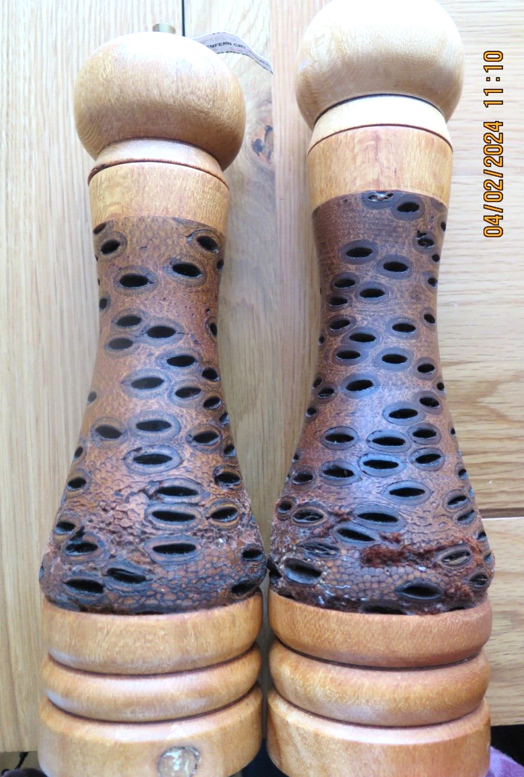 SALT & PEPPER MILLS MADE FROM SILKY OAK AND BANKSIA NUT - NEW FROM OZ - 12"TALL
