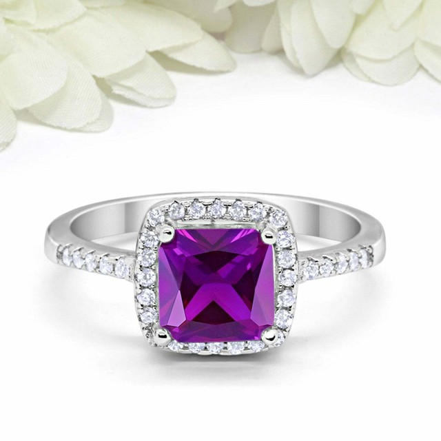 2ct Princess Cut Amethyst Engagement Ring Diamond Accent Halo 14k