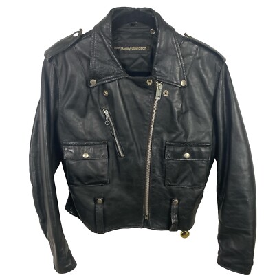 AMF Harley Davidson Jacket Women 40 Reg Leather Black Offset Zip Pockets 70s VTG