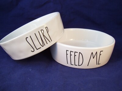 Rae Dunn Artisan Magenta Farmhouse Pet Dog Cat Feed Water 2 Bowls FEED ME SLURP