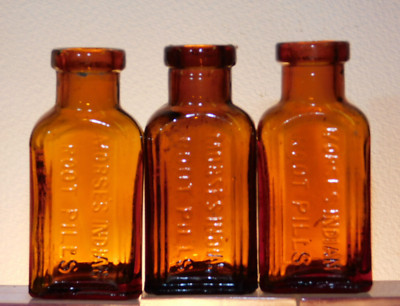 ANTIQUE AMBER MORSE'S INDIAN ROOT PILLS X3 little pill chemist bottles 1920-30's