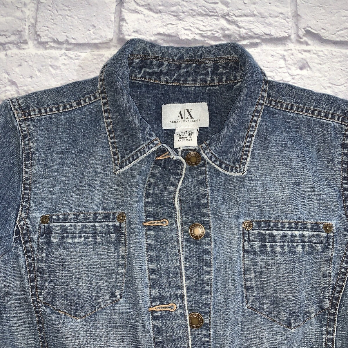 Armani Exchange A|X Small Jean Jacket Distressed Button Up Pockets