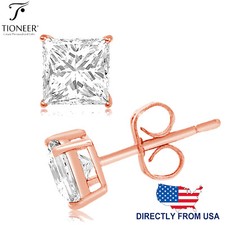 Sterling Silver 925 Rose Gold Plated Princess Square Cut CZ Stud Pair Earrings