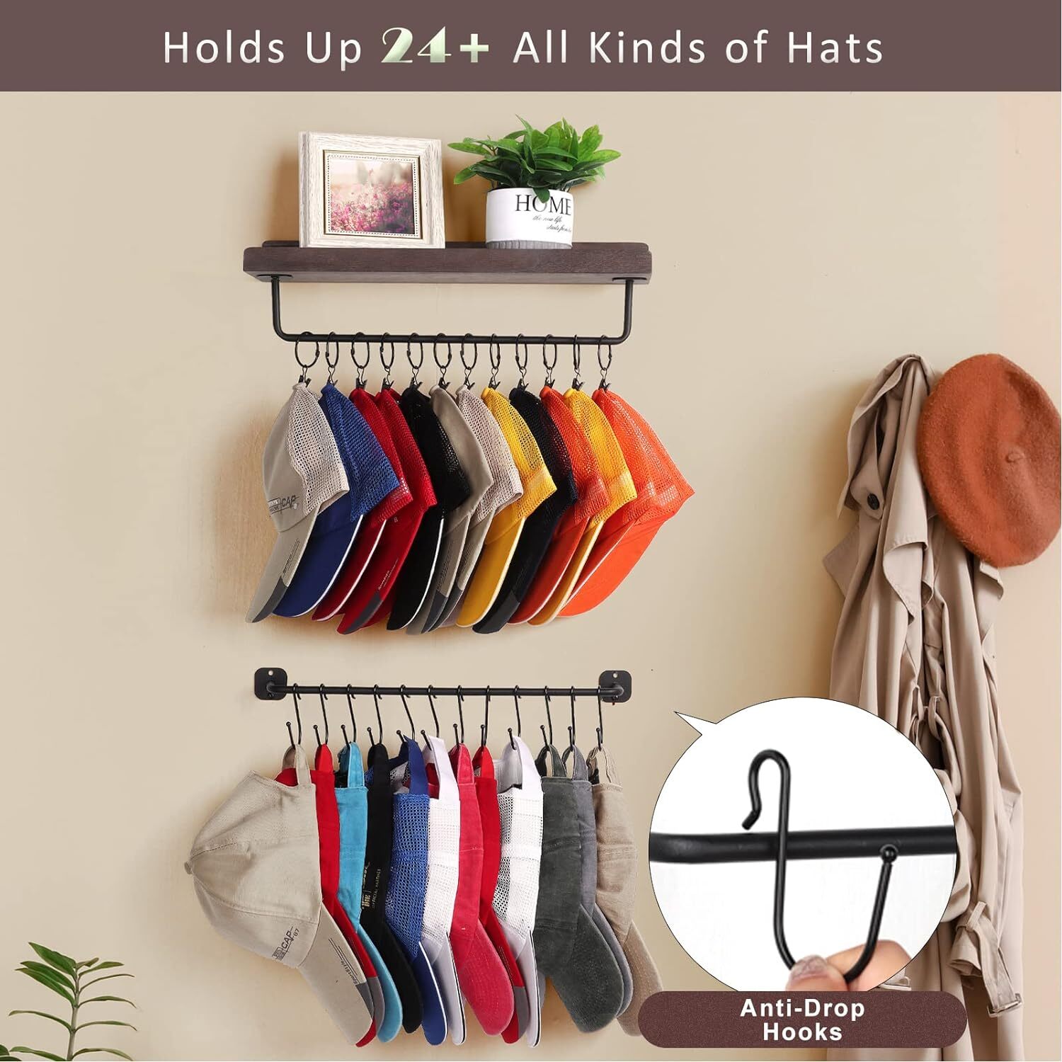 HYDERMUS Hat Rack/ Holder for Wall with Shelf 24 Metal weathered walnut ...
