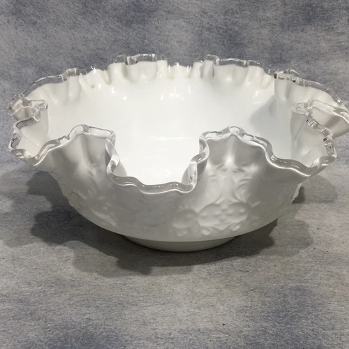 VTG 9 1/2" Fenton Milk Glass Silver Crest Spanish Lace Double Crimp Ruffle Bowl
