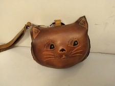 New Handmade Brown Leather Cat Keychain Change Purse two sided design.