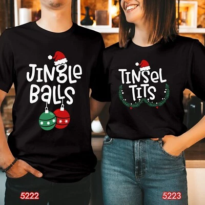 FRUIT OF THE LOOM Jingle Balls Tinsel Tit Matching Couple Christmas T-Shirt Funny Xmas Gift Tops