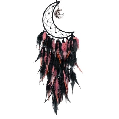 Boho Moon Dream Catcher Crystal Black Pink Celestial Wall Hanging Feathers Decor