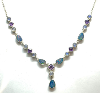 Sterling Silber echter Opal, Mondstein & Amethyst Tropfen Halskette