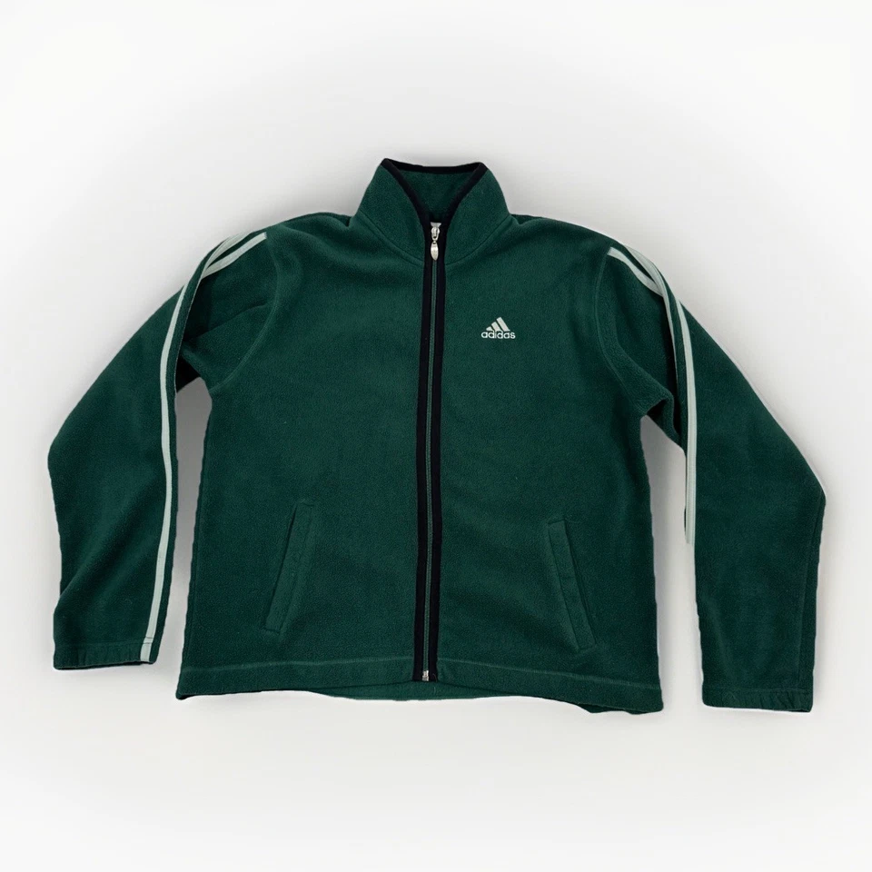 Vintage 90s Adidas Green Full Zip Fleece Jacket Sweater Men’s Medium 3 Stripes - Image 2 of 4