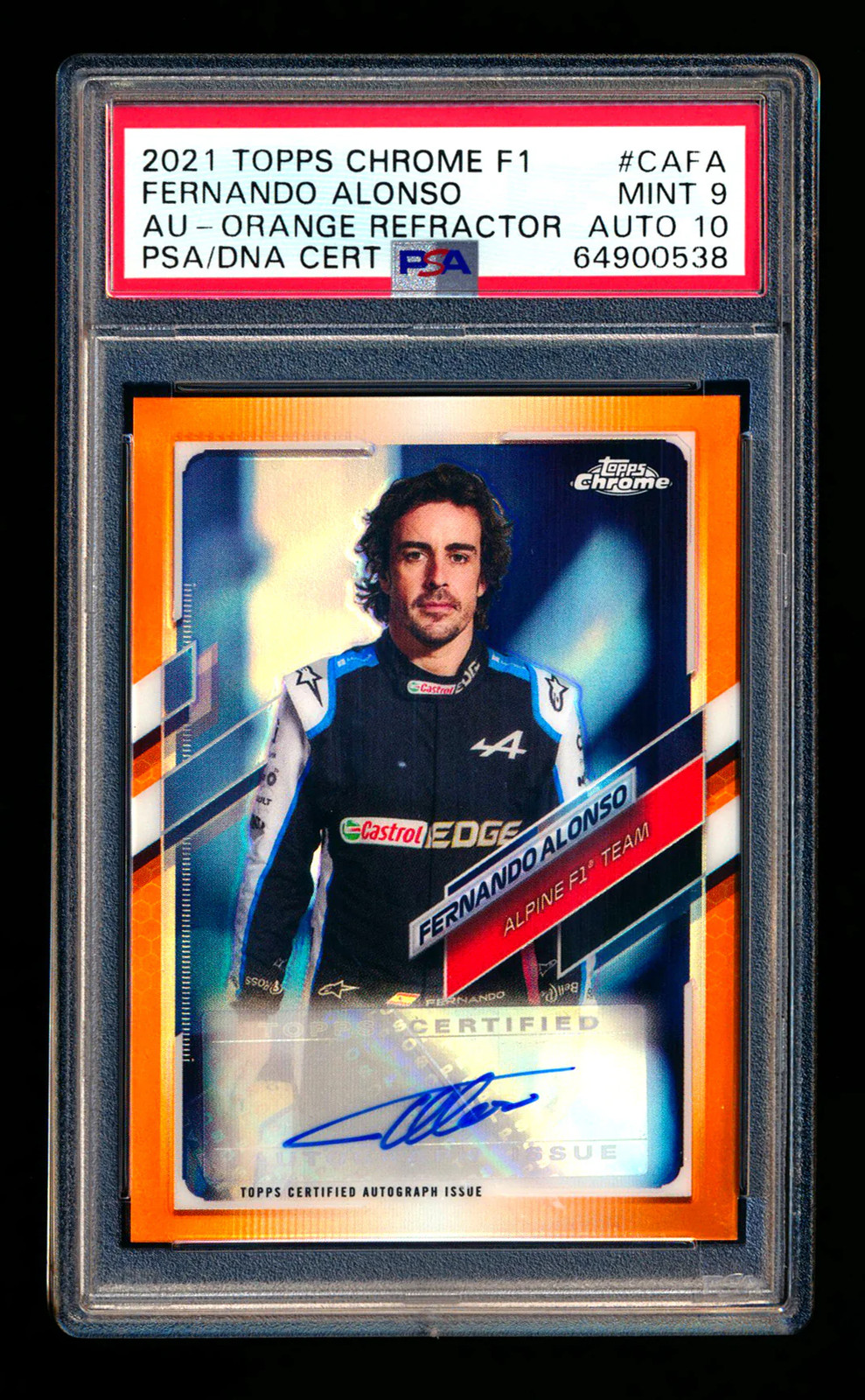 2021 Topps Chrome F1 Fernando Alonso RC Orange Refractor Auto 24/25 PSA 9 DNA 10