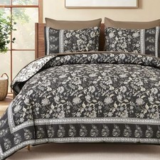 Boho Comforter Set,Bedding Paisley Floral 7 Piece Bed in a Queen Brown Gray