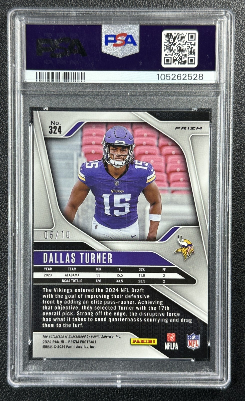 DALLAS TURNER PSA 9 2024 PANINI PRIZM #324 ROOKIE AUTO GOLD RC 06/10 VIKINGS view 2