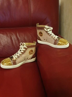 Chaussure Femme Christian Louboutin Lou Spikes Rose Doré Taille 38 Cuir Suède - Photo 1/4