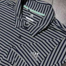 Adidas Polo Shirt Mens Size Large Blue Striped Golf Casual Short Sleeve Silver