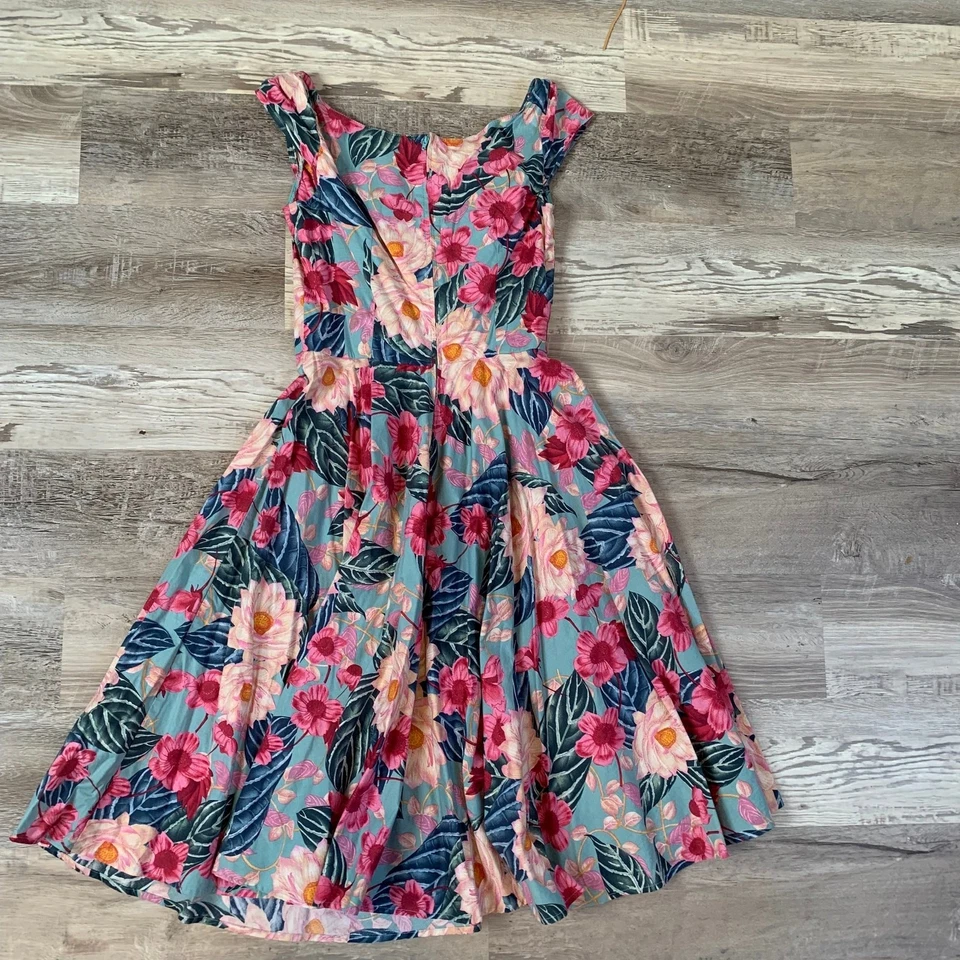 Hell Bunny Retro Tropical Floral Fit and Flare Dress Blue Pink Size S - Image 3 of 4