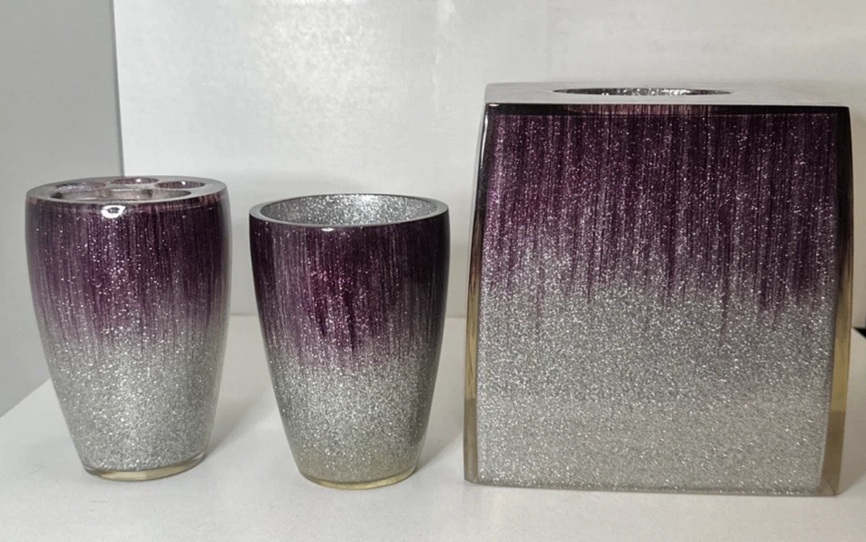 Stardust-Purple/Silver Tissue Cover, Tooth Brush And Drinking Cup Set Of 3 Retro - Image 2 of 4