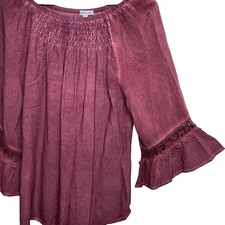 Floral & Ivy Blouse Smocked Neck Crochet Sleeve Tunic Flowy Womens Sz L Red Wine