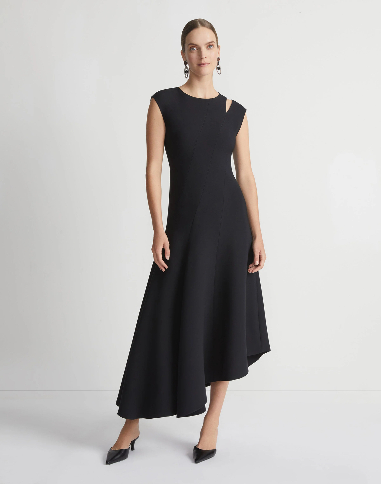 Lafayette 148 Black Wool/Silk Blend Cut-Out Asymmetric Midi Dress sz 8