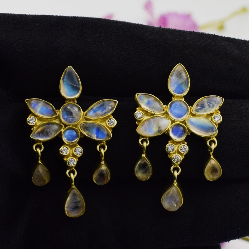 Pendientes de araña enchapados en oro de plata de ley 925 con piedra lunar arco iris joyería Foto 3 de 4