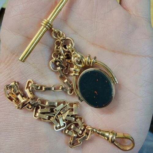 Antique Victorian Gold Filled Watch Chain & 10K Gold Spinning Blood Stone Fob - Picture 1 of 6