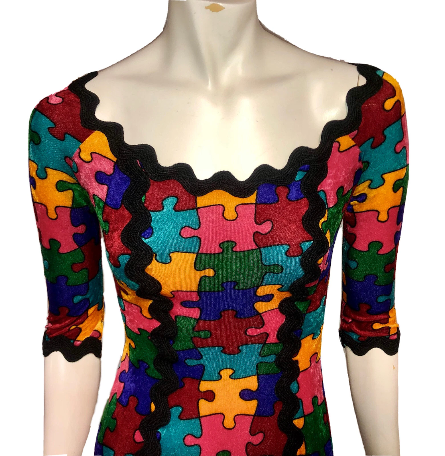 Abito con puzzle vintage in velluto MOSCHINO economico e chic degli anni '90 taglia 8
