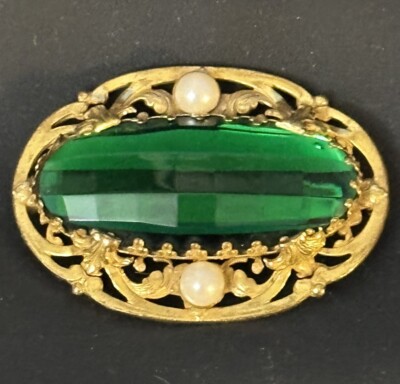 Vintage Miriam Haskell Faux Pearl Large  Faceted Holly Green Glass Center Brooch