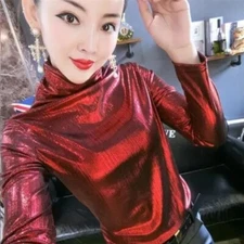 Women Shiny Metallic Top High Neck Shirt Pullover Undershirt Slim Fit Party