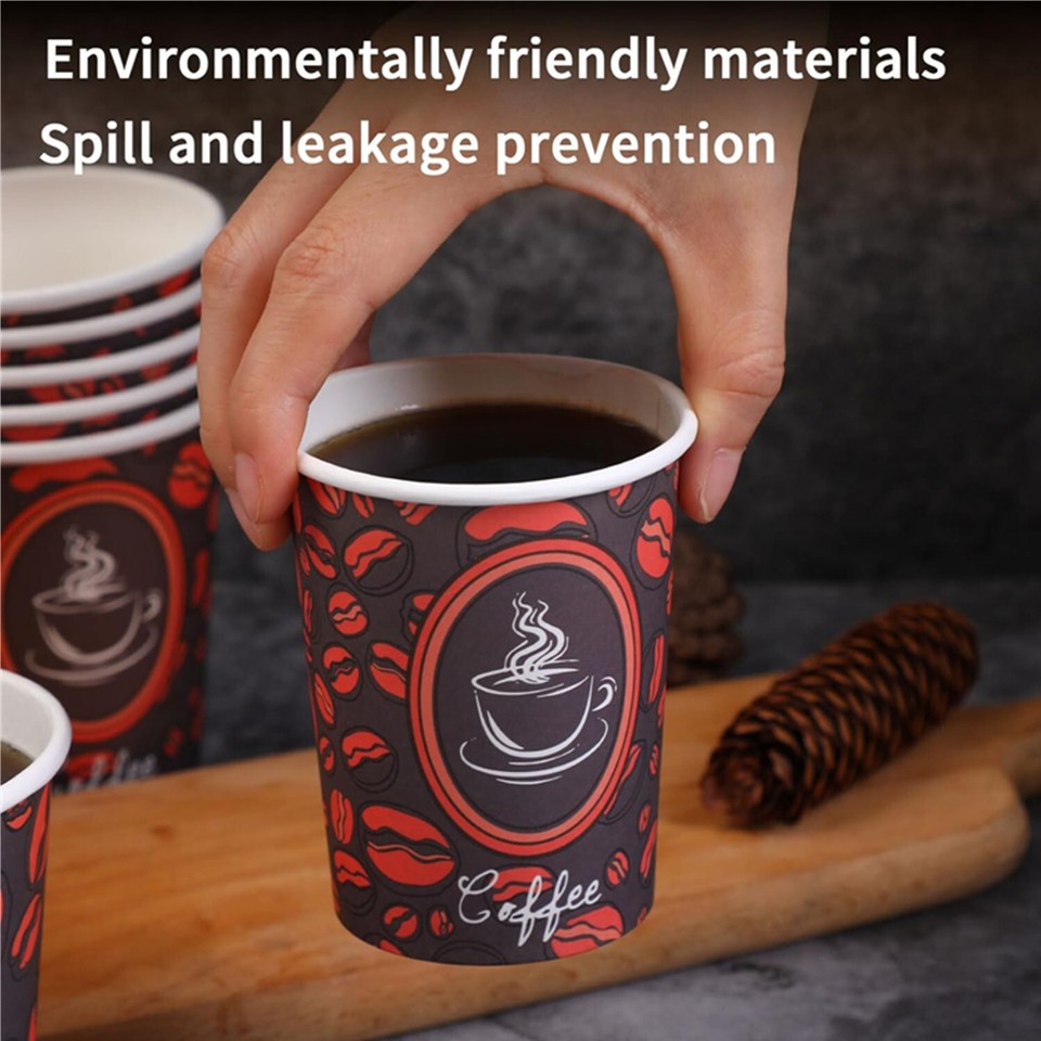 8oz Disposable Paper Cups w/ Lid Coffee Bean Design Cold/Hot Drinks 50 ...