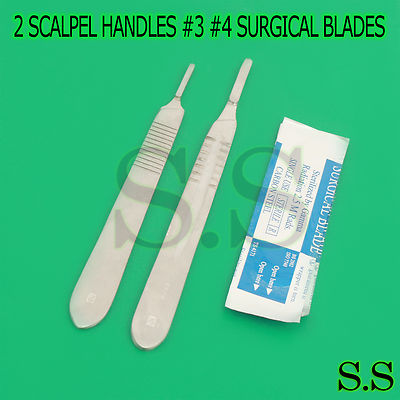2 ASSORTED SCALPEL KNIFE HANDLES #3 #4 +50 SURGICAL CARBON STEEL BLADES #10 #22