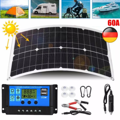 300W 12V Solarpanel Solarmodul 60A Ladegerät USB Kit Für Wohnwagen Camping Boot