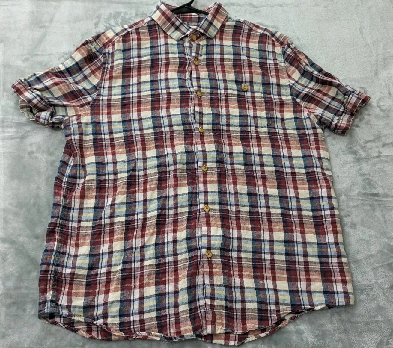 Baird McNutt Shirt Mens L 100% Linen Murano Short Sleeve Plaid Button Up Casual